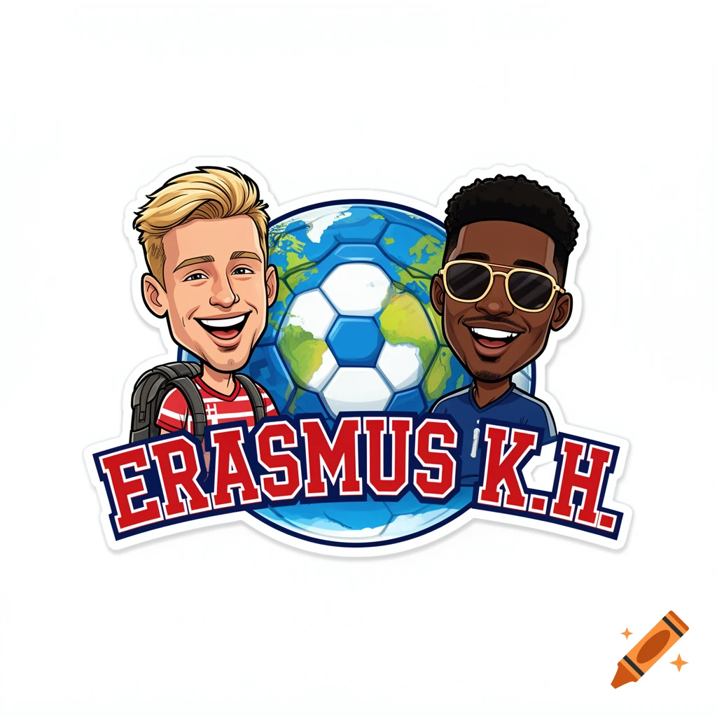 A vibrant cartoon sticker logo featuring two smiling male caricatures, a soccer ball globe, and the text "ERASMUS K.H."