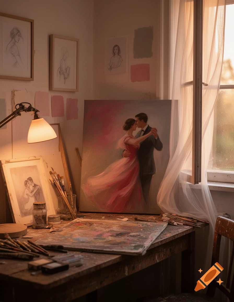 A sunlit art studio with a painting of a dancing couple, surrounded by sketches, paint brushes, and an artist's palette on a wooden desk.