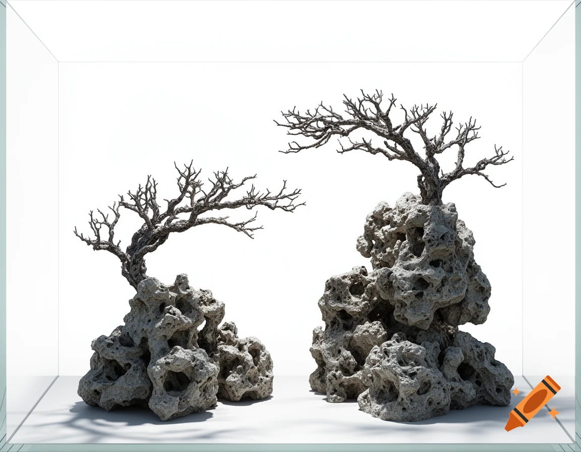 A minimalist 3D render of two rock islands with bare branches for aquascaping in a white aquarium.