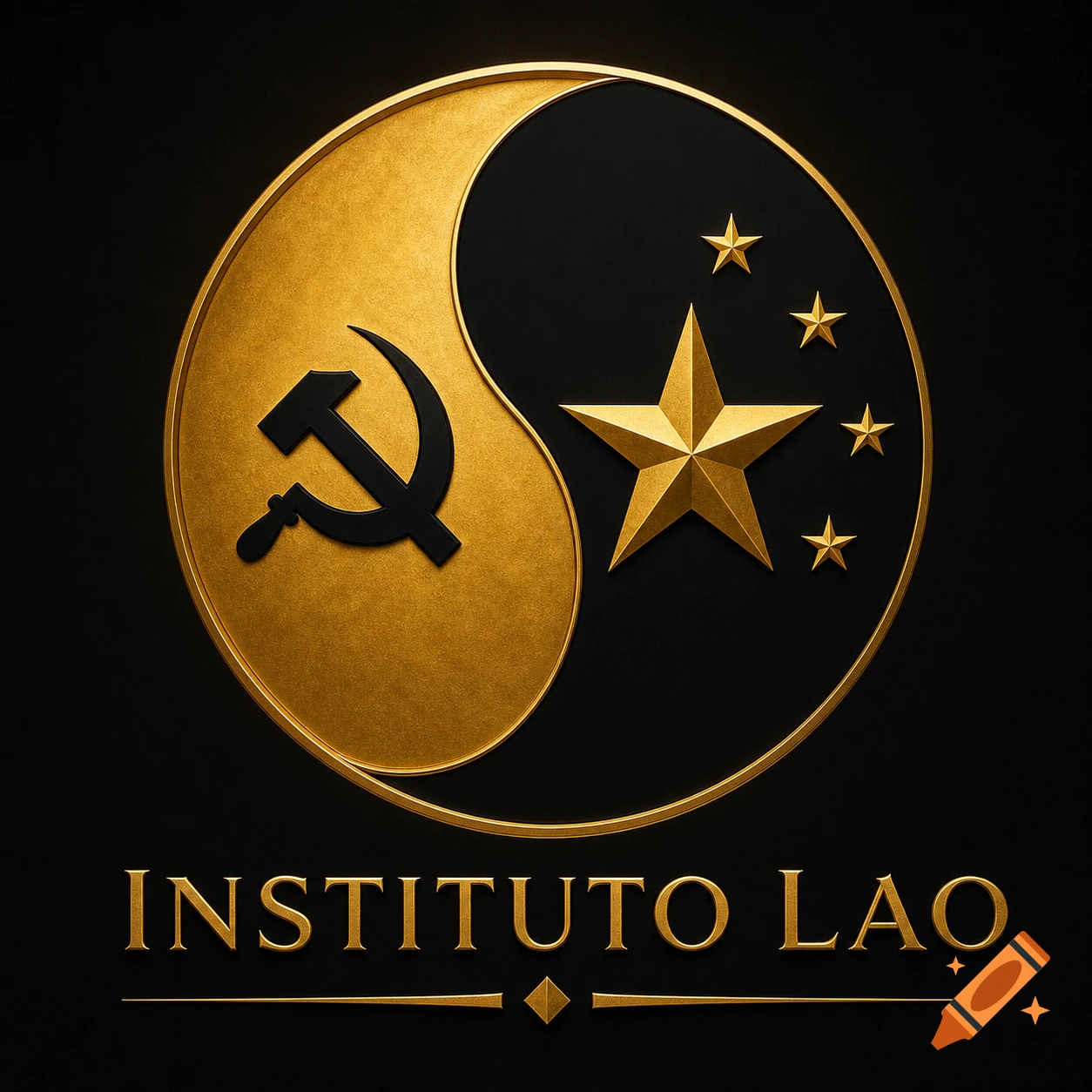 A gold and black Yin and Yang symbol featuring a hammer and sickle and Chinese stars, with 'INSTITUTO LAO' text below.