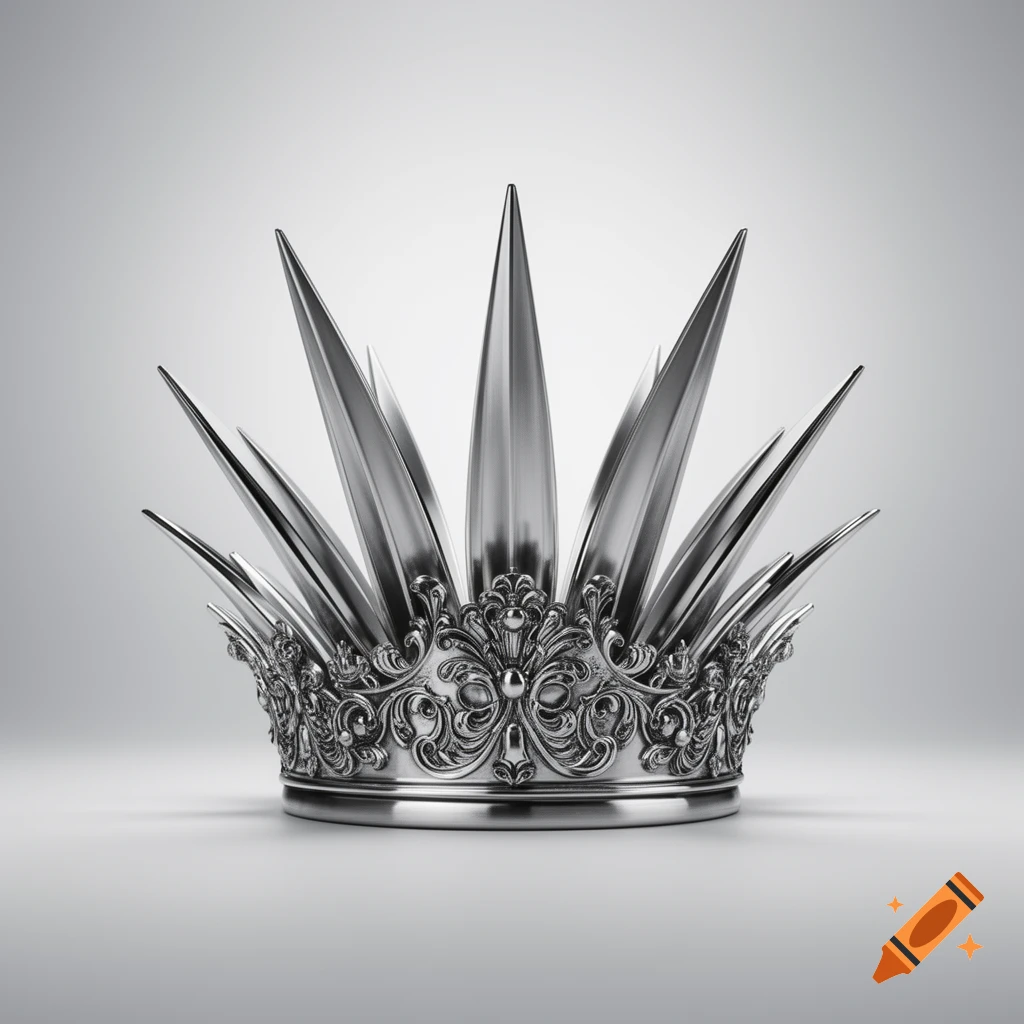 A shiny silver crown with sharp, pointed spikes and ornate, baroque-style filigree details on its base, set against a soft gray background.