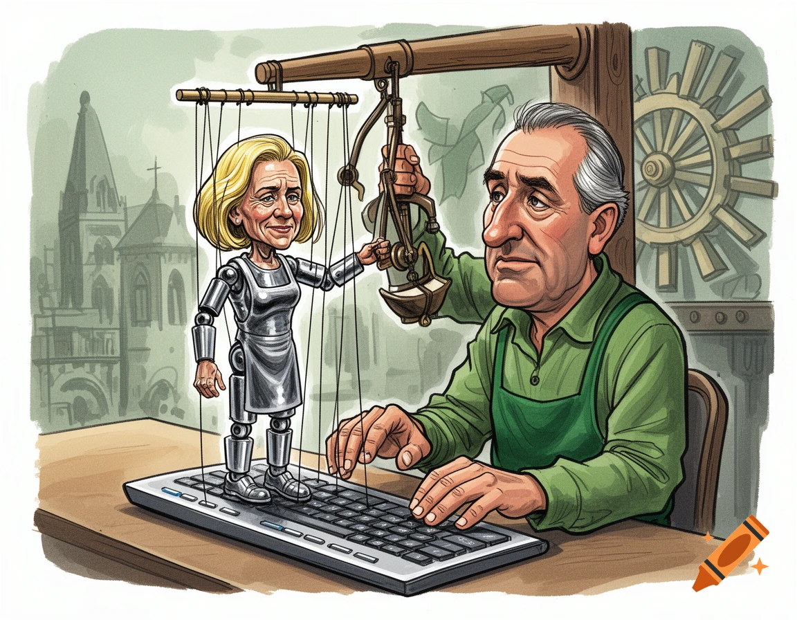 Political cartoon: An older man in green manipulates a blonde robotic puppet on a keyboard, suggesting control. A city is in the background.