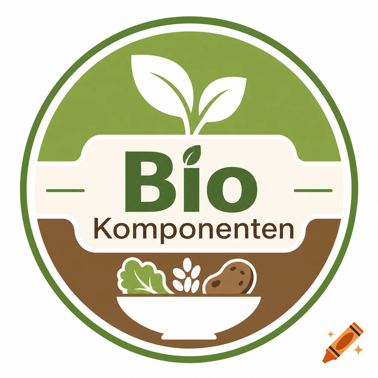Green and brown circular logo with 'Bio Komponenten' text, leaves, and a bowl of organic food.
