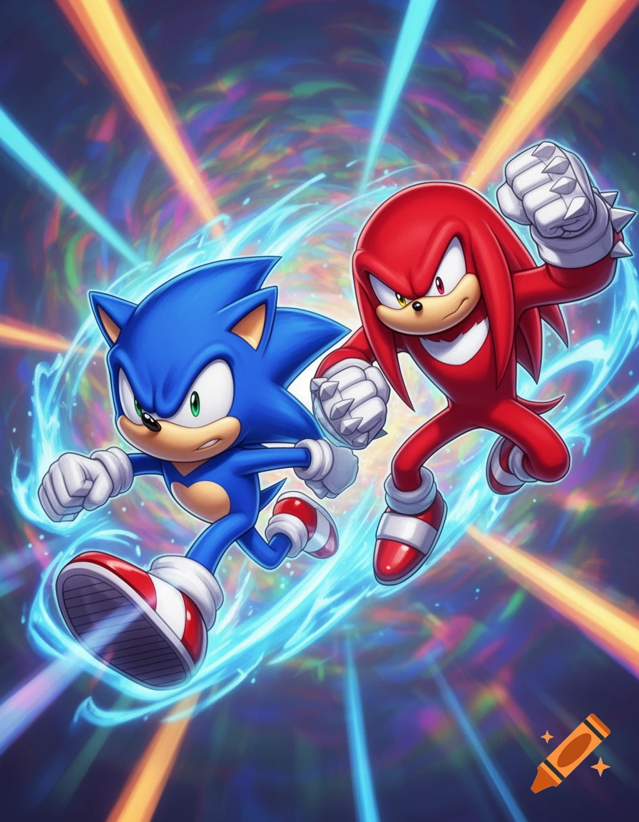 Sonic the Hedgehog and Knuckles the Echidna in dynamic, energetic poses against a vibrant, swirling, colorful background in an illustrated style.
