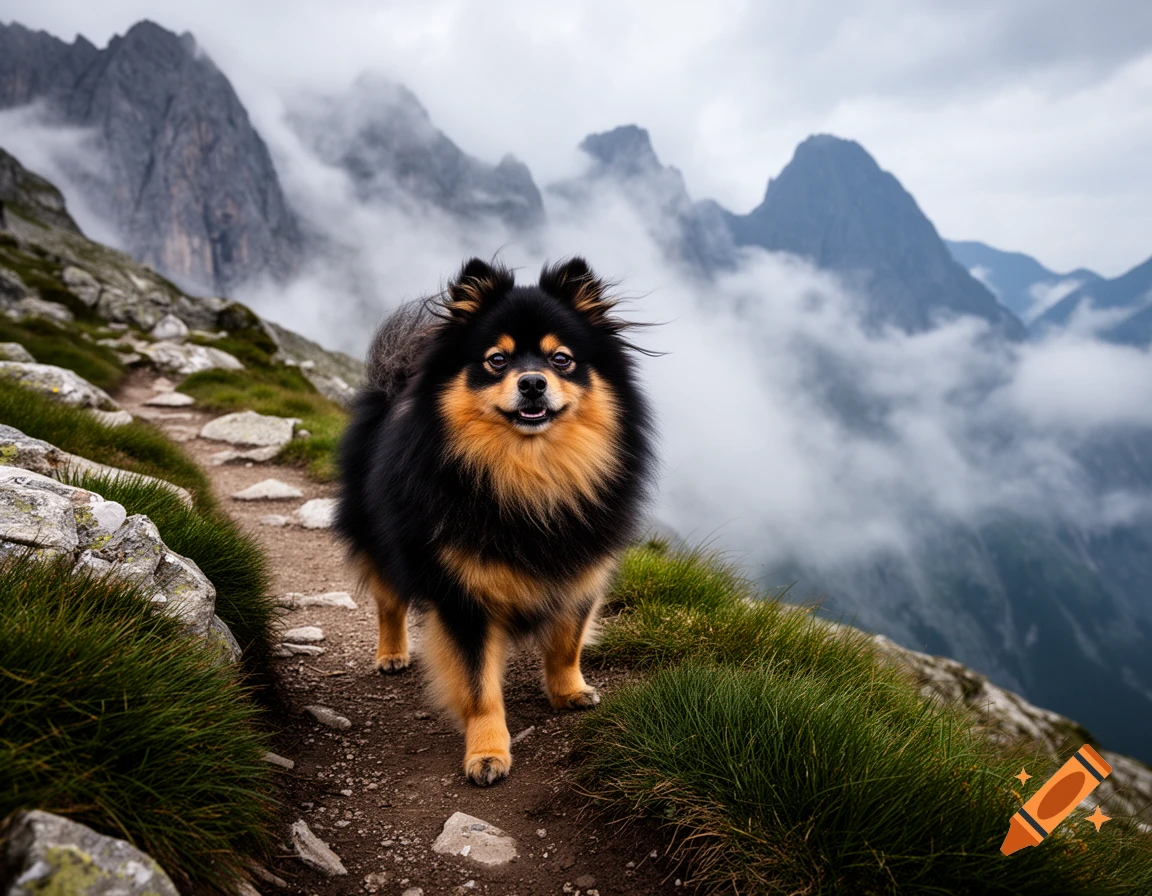 A fluffy black and tan Mittelspitz dog stands on a rocky mountain path with misty peaks in the background.