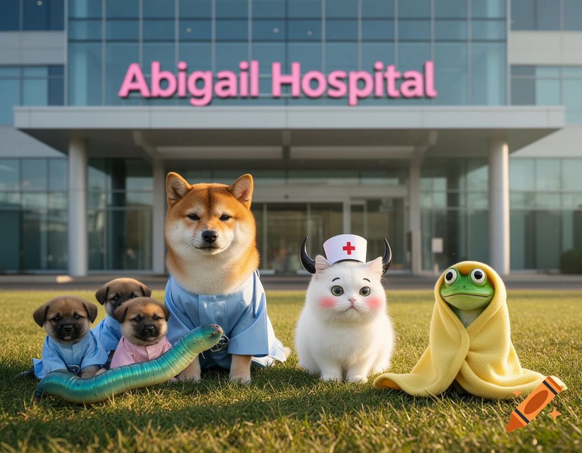 A Shiba Inu and puppies in hospital gowns, a cat in a nurse hat, a frog in a blanket, and a worm in front of Abigail Hospital.