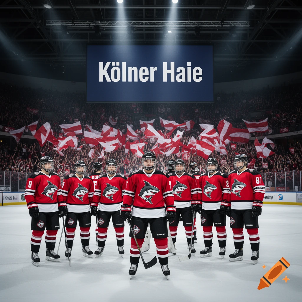 A professional ice hockey team in red and black uniforms stands on a rink in a packed stadium with a large screen displaying "K varchar(MAX)lner Haie".