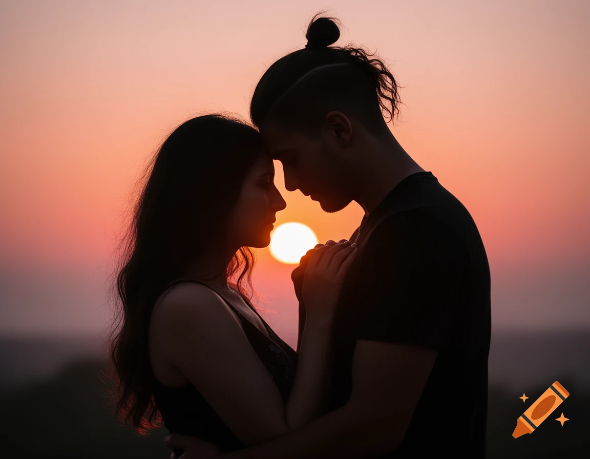 Photorealistic silhouette of a couple touching foreheads at sunset, warm orange and pink sky.