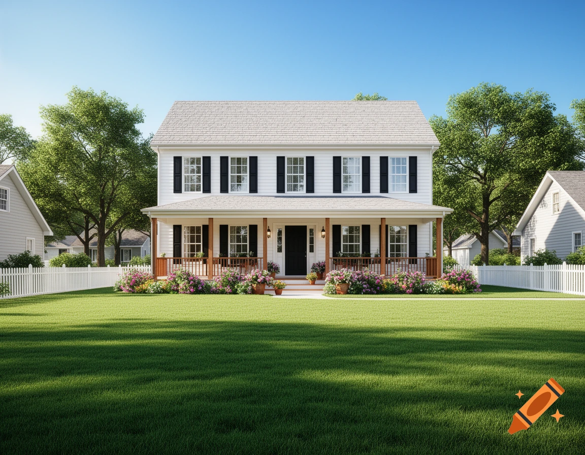 A photorealistic two-story white house with a porch, black shutters, and a well-manicured green lawn under a clear blue sky.