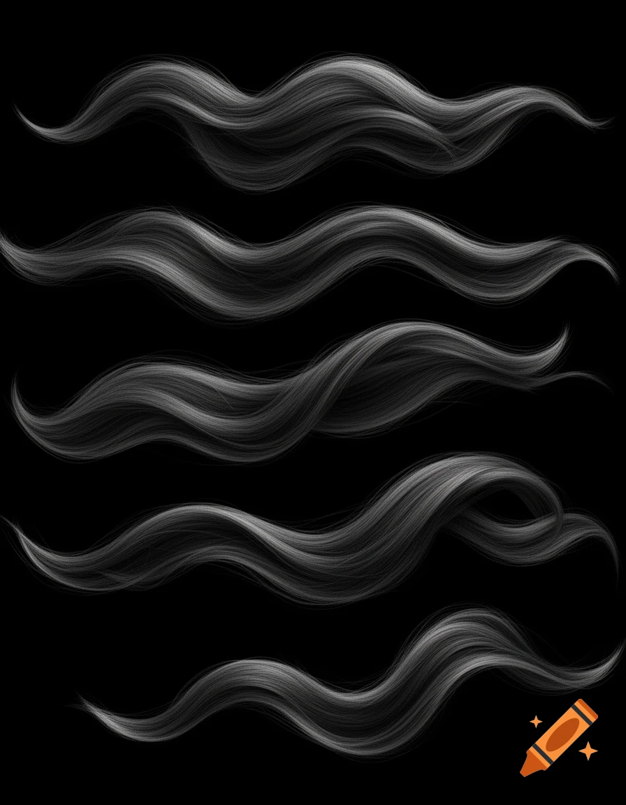 Five isolated, long, wavy strands of grey hair on a pure black background.