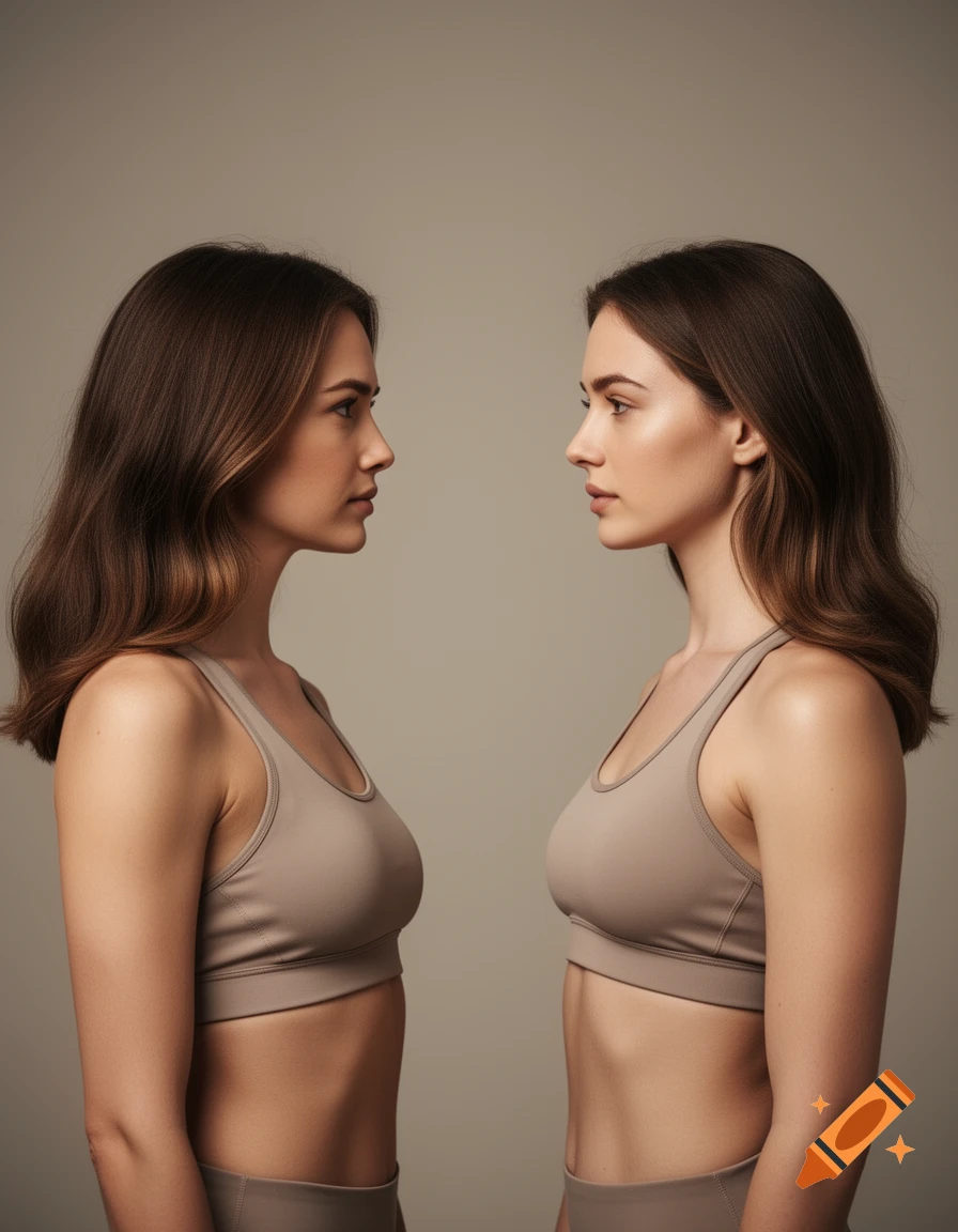 Two women in profile, wearing sports bras, facing each other against a plain background.
