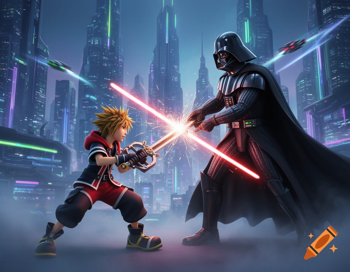Sora from Kingdom Hearts battles Darth Vader with a keyblade and lightsaber clash in a vibrant, futuristic cityscape.
