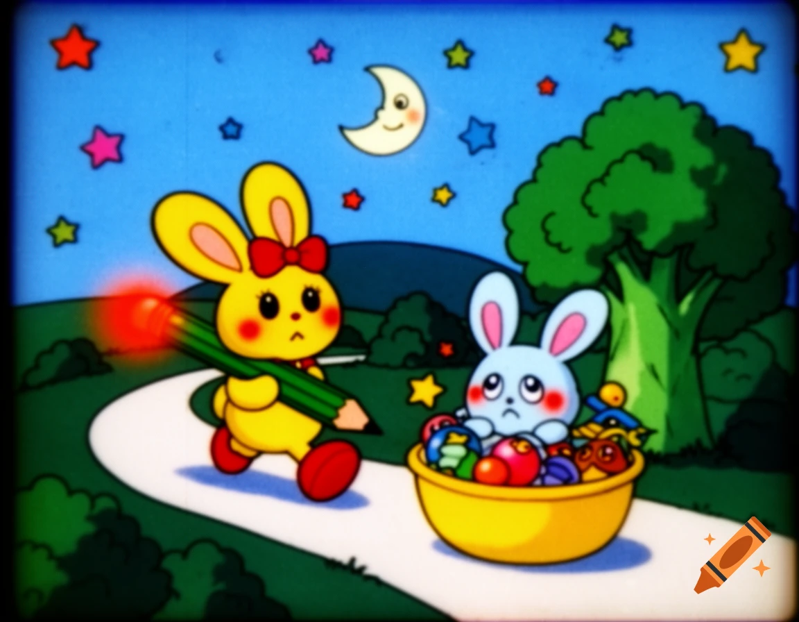 A vintage children's cartoon of a yellow bunny carrying a glowing pencil and a blue creature in a bowl of toys under a starry, moonlit sky.