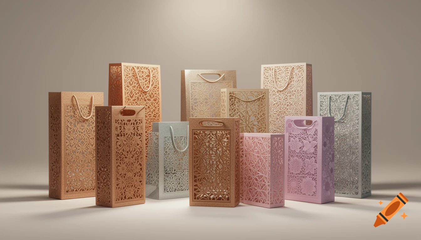 A collection of colorful laser-cut gift bags with intricate floral and geometric patterns, standing on a light background.