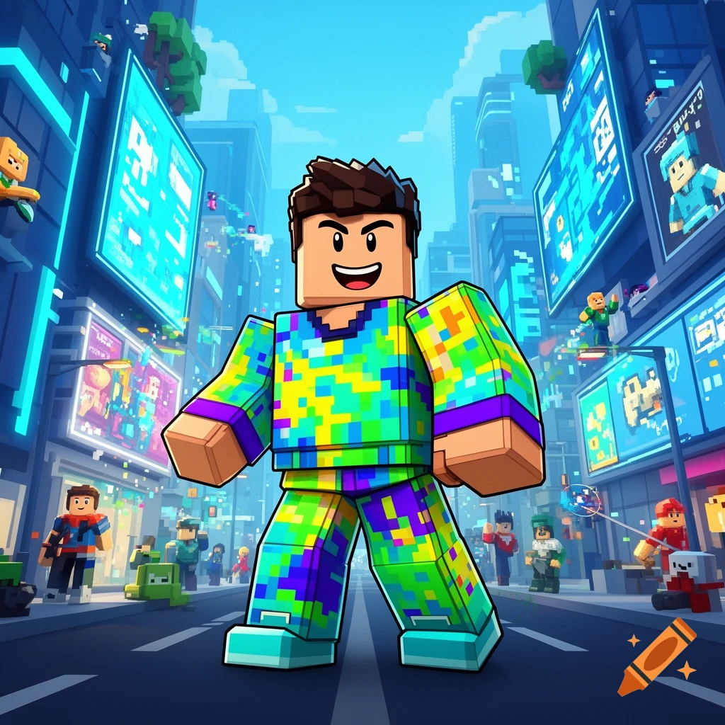 Roblox-style character in a vibrant pixelated outfit stands in a futuristic city with digital billboards.