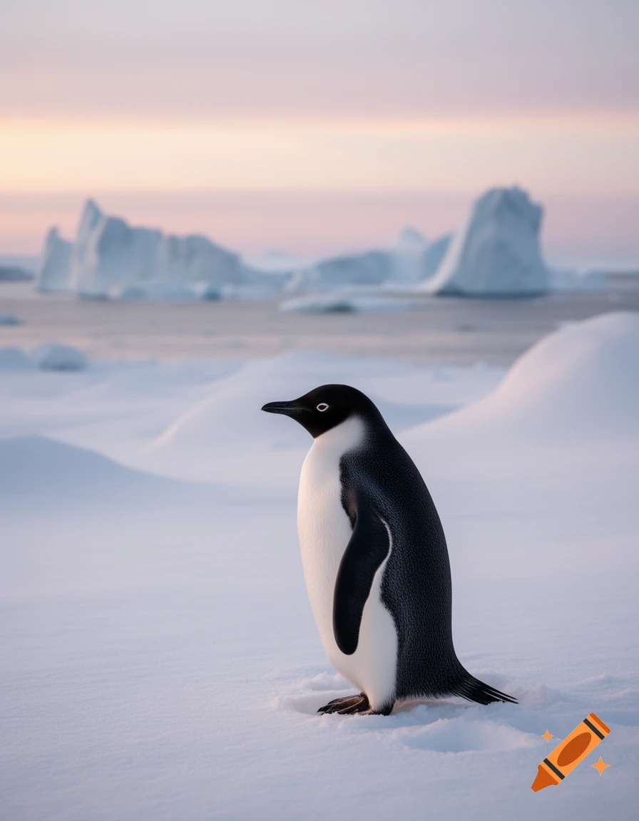 A photorealistic penguin stands on a snowy landscape with distant icebergs under a soft pink and blue sky.