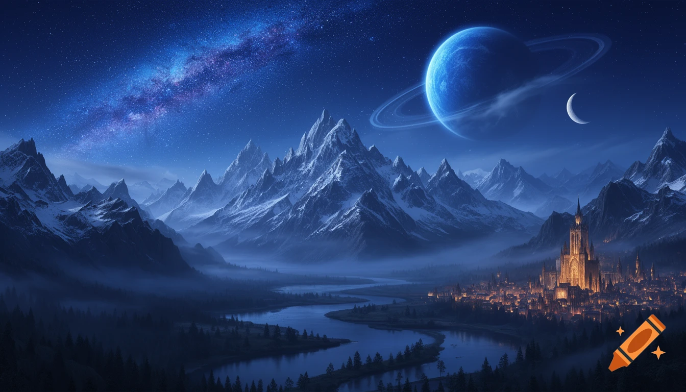 Epic fantasy landscape at night with snow-capped mountains, a winding river, a glowing medieval city, and a ringed planet and crescent moon under a starlit Milky Way.