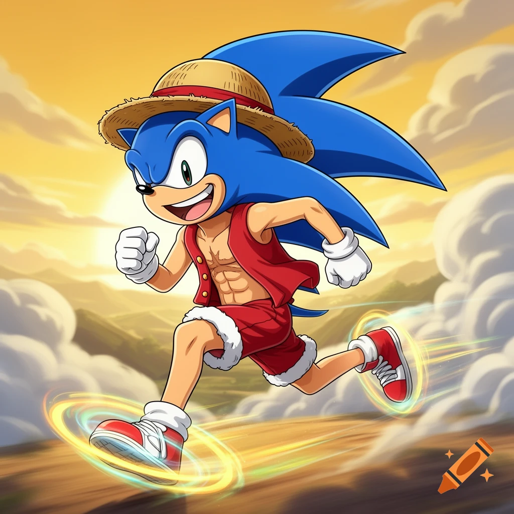 Sonic the Hedgehog dressed as Monkey D. Luffy, wearing a straw hat and red vest, runs at sunset with motion blur and energy rings.