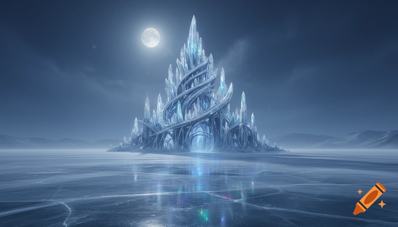 A shimmering ice crystal castle stands on a vast frozen lake under a full moon, with distant snowy mountains.