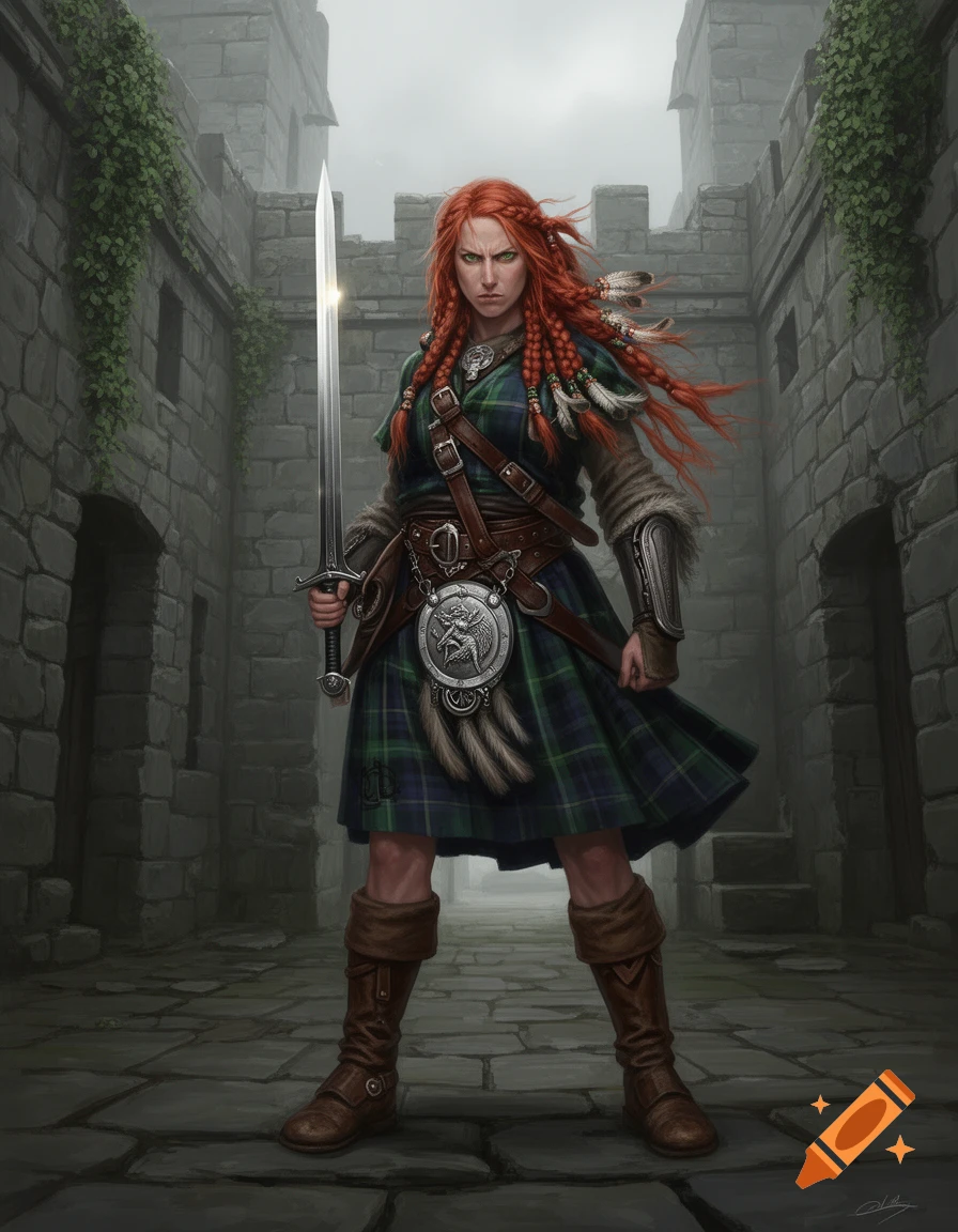 A scowling Scottish female warrior with braided red hair, wearing a tartan kilt and leather gear, stands in a stone courtyard, holding a claymore sword.