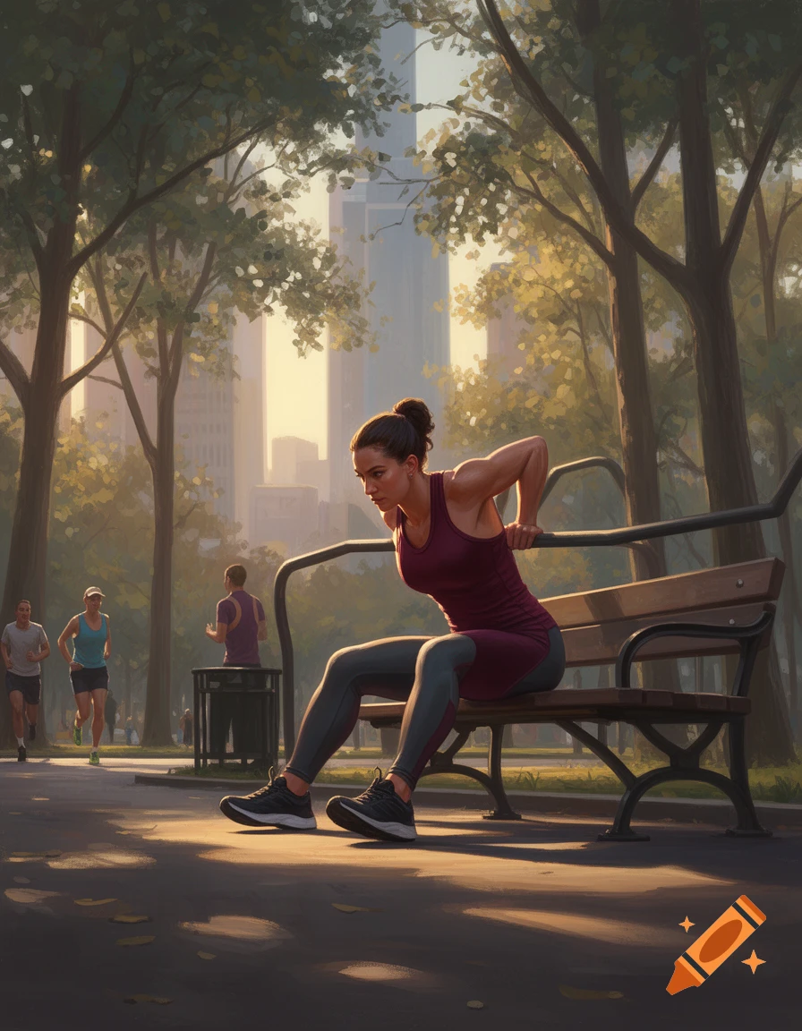 An illustration of a woman doing dips on a park bench in a sunny urban park with trees and buildings.