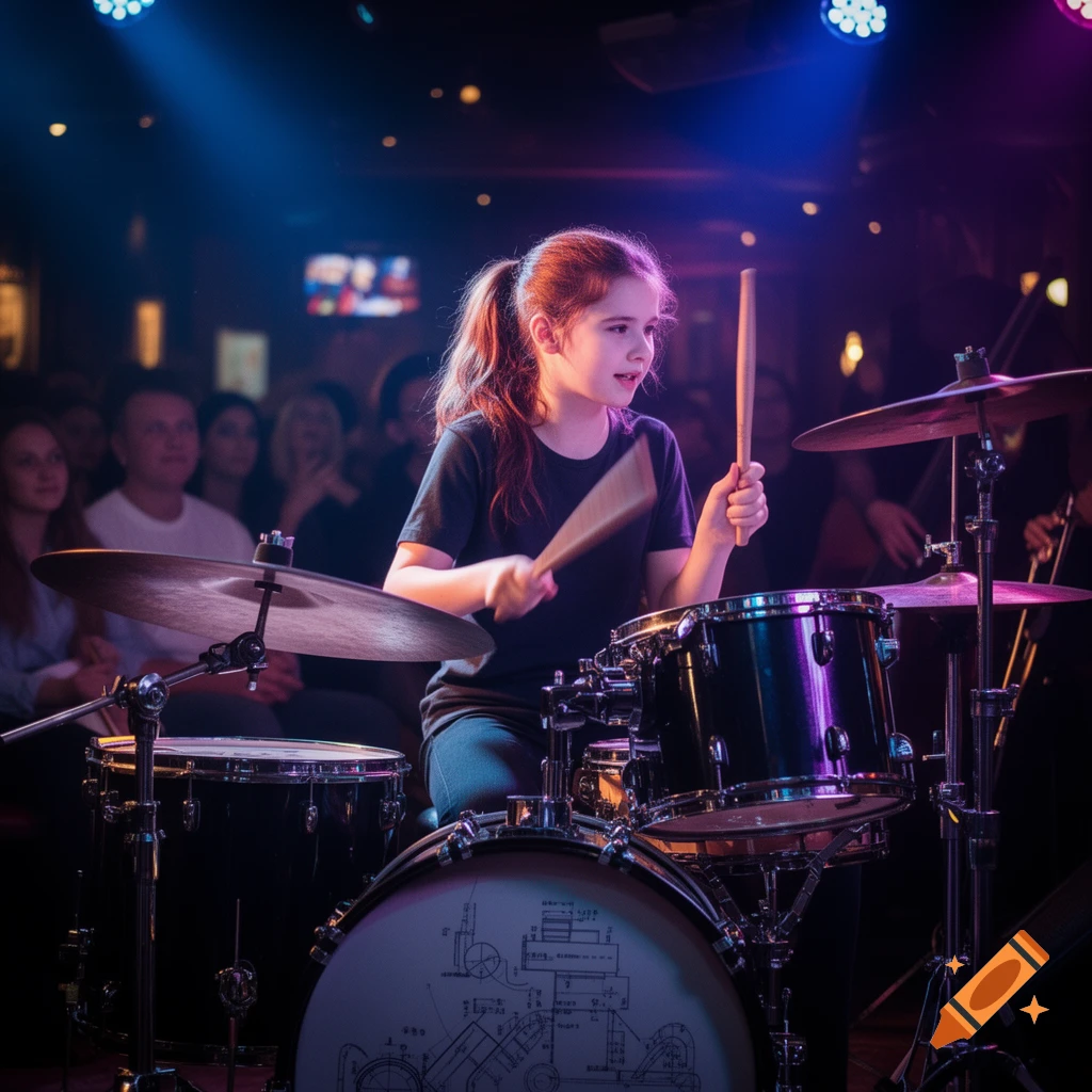 A young girl with a ponytail plays drums intensely on a dimly lit stage with purple and blue lights.