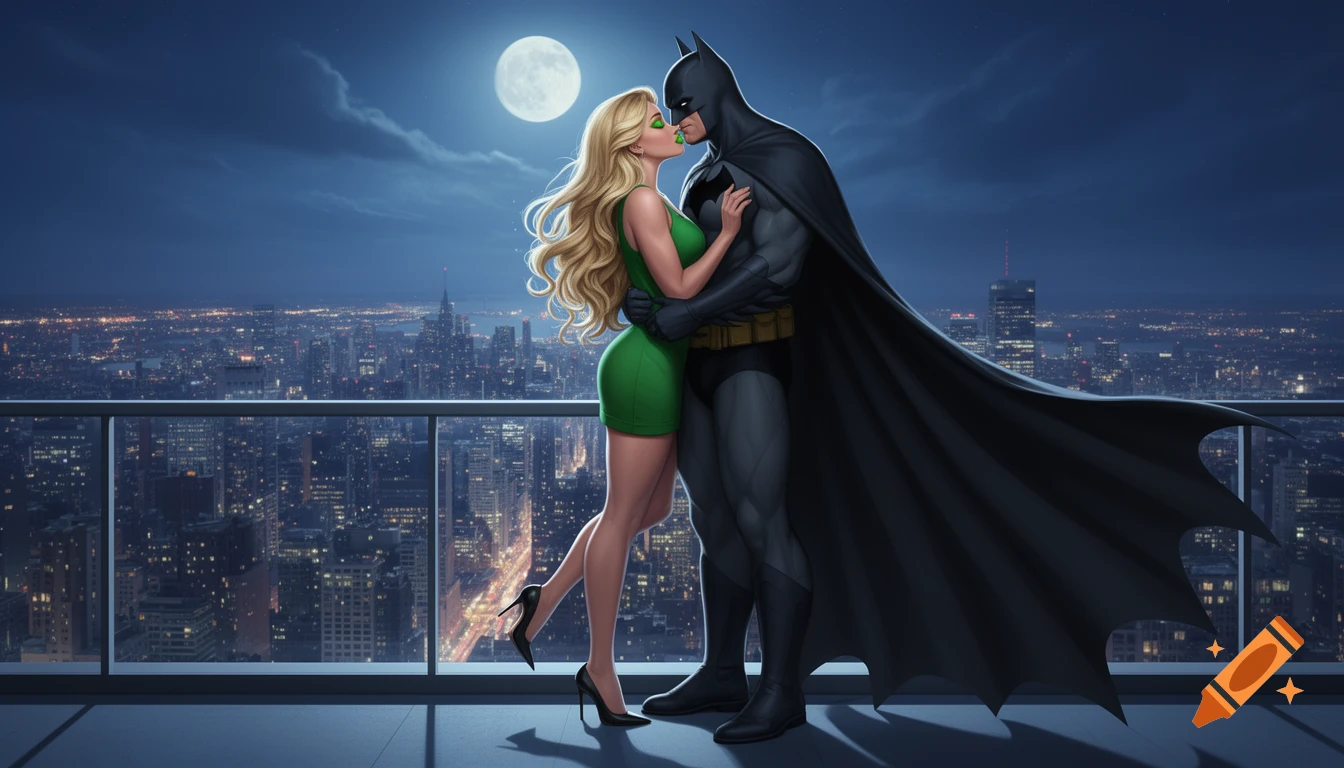 Batman and a blonde woman in a green dress embrace and kiss on a city balcony at night under a full moon, comic art style.