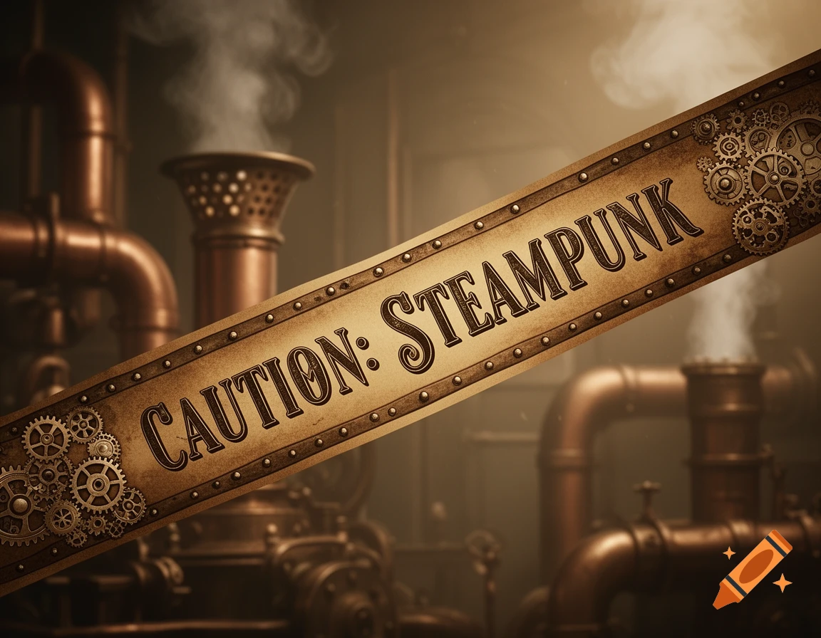 A steampunk-themed 'CAUTION: STEAMPUNK' banner diagonally across a background of copper pipes, gears, and steam.