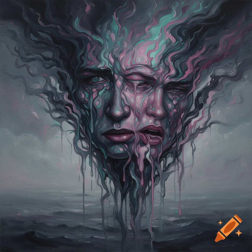 Surrealist painting of a melting human face with multiple eyes and dripping skin in gray, pink, and teal tones, over a stormy sea.