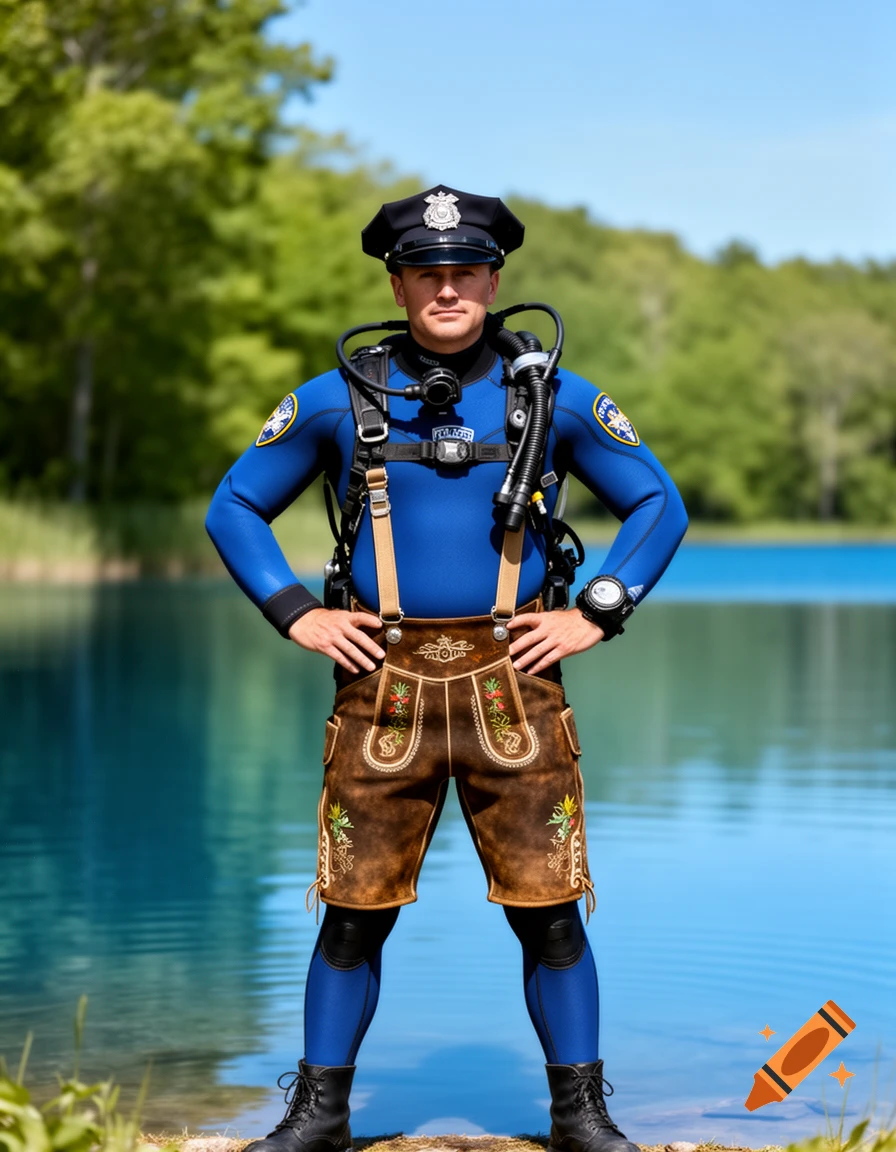 A man in a blue wetsuit, police cap, and traditional German lederhosen stands by a clear blue lake with trees.