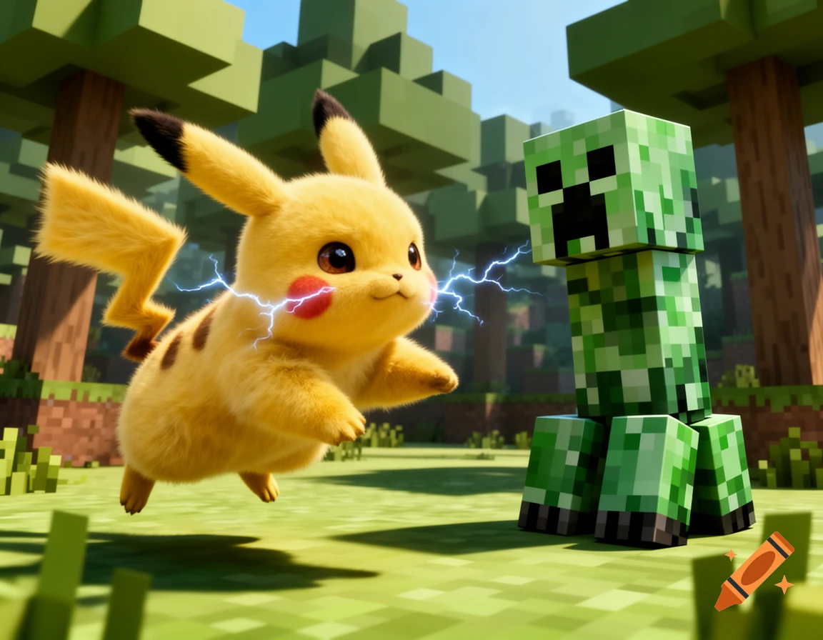 A fluffy Pikachu with electricity sparking from its cheeks attacks a blocky Minecraft Creeper in a blocky forest.