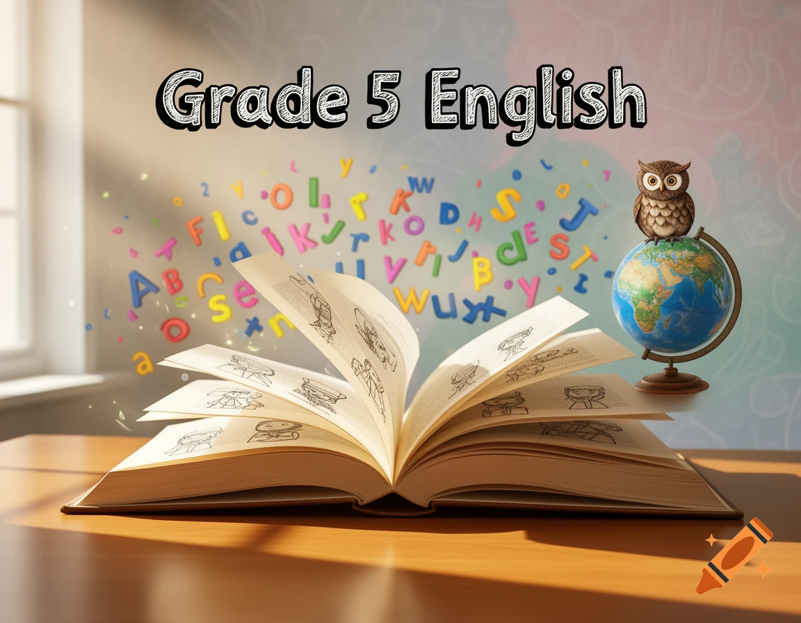 An open book on a wooden desk, with "Grade 5 English" text, floating letters, a globe with an owl, and sunlight from a window.