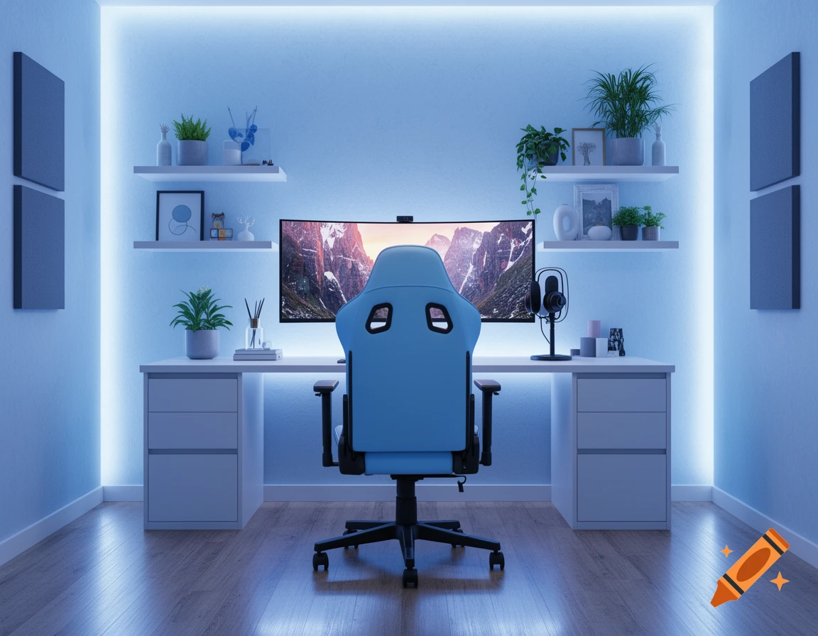 A modern gaming setup featuring a light blue gaming chair, a curved monitor displaying mountains, a white desk, and shelves with plants, all illuminated by blue LED lights.