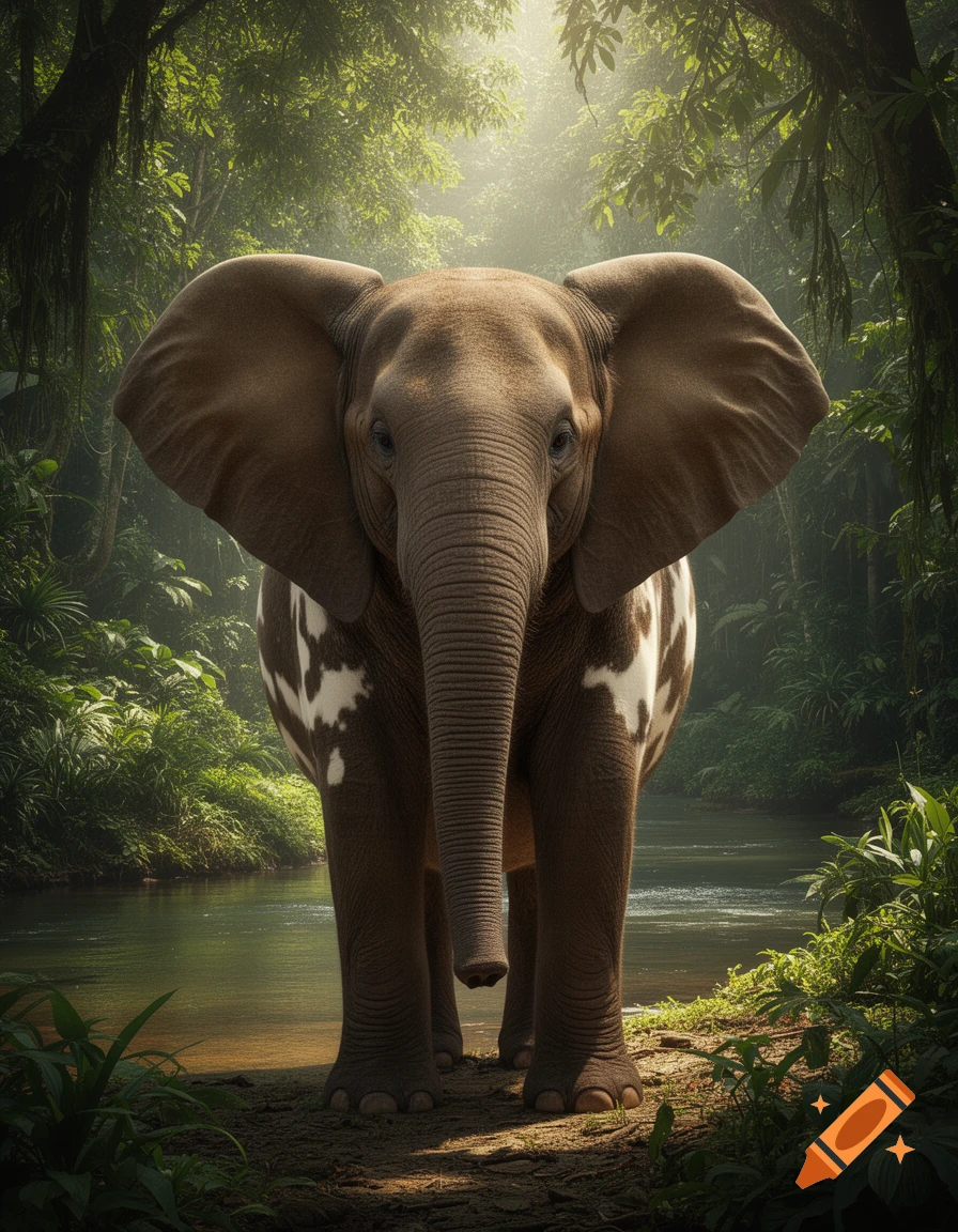 An elephant with white tapir-like markings stands in a lush jungle by a calm river, with sunlight filtering through the canopy.
