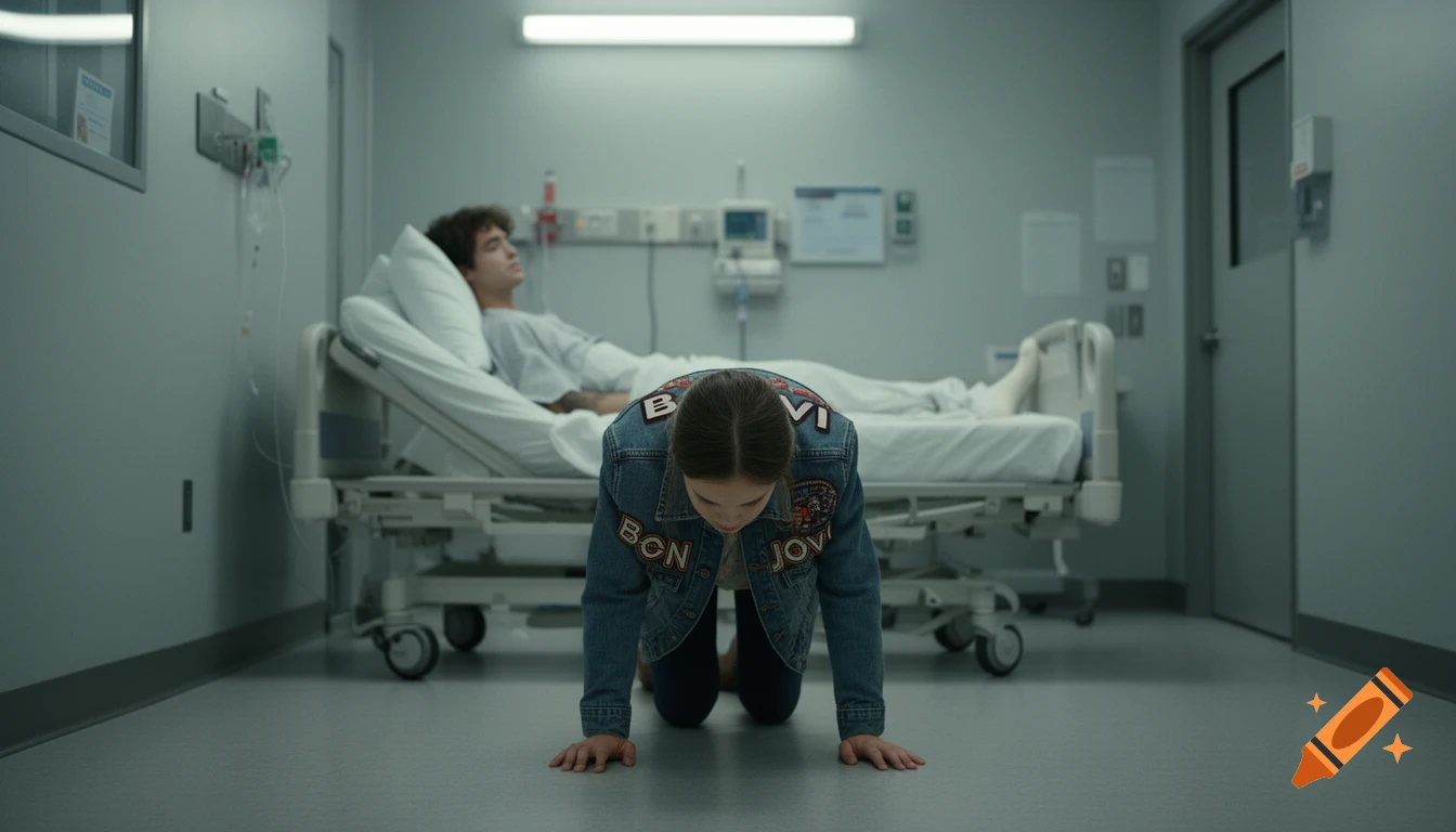 Girl on all fours in a hospital room, wearing a Bon Jovi jean jacket, as a guy in a hospital bed watches her.