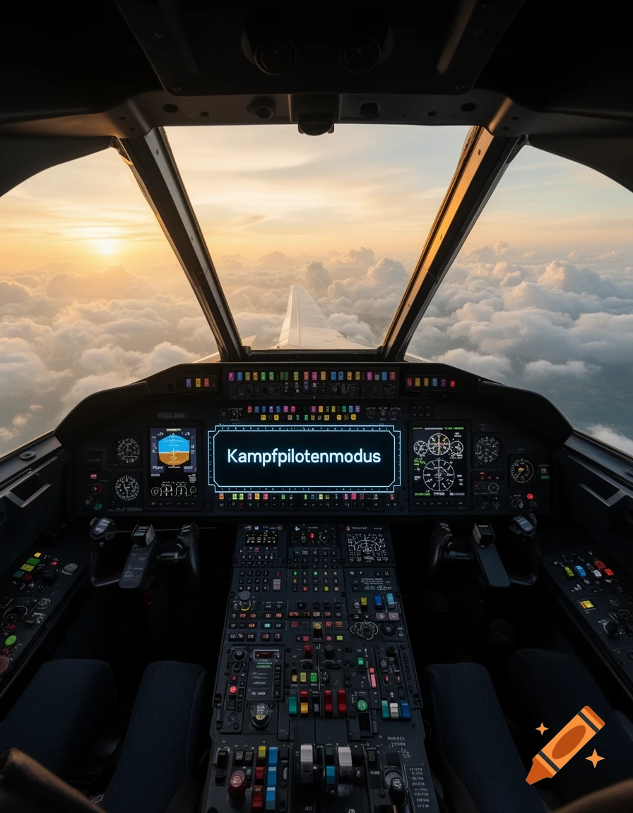Photorealistic view from an airplane cockpit at sunset above clouds, with a screen displaying 'Kampfpilotenmodus'.