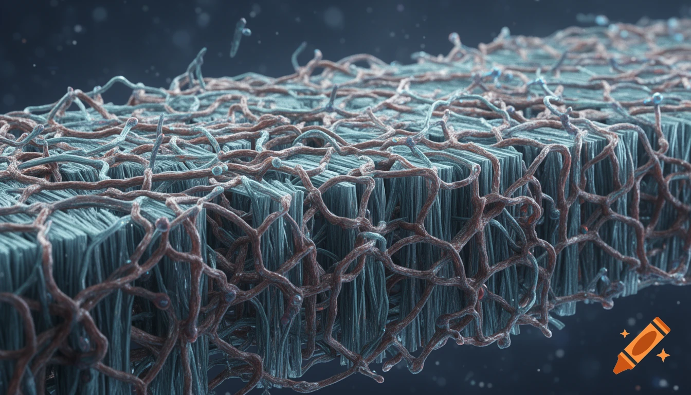 A detailed molecular visualization of intricate reddish-brown lignin structures intertwining with organized blue-green cellulose microfibrils in a plant cell wall.
