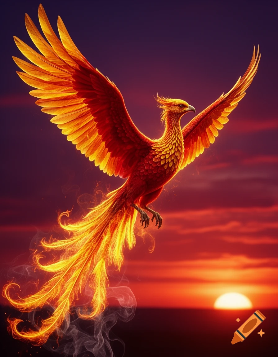 A majestic phoenix with brilliant red and gold fiery feathers spreads its wings, soaring against a dramatic sunset sky.