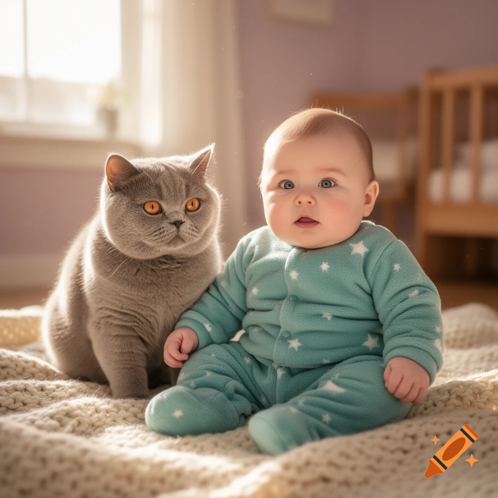 A cute baby in a teal onesie with stars sits next to a grey cat on a cream knitted blanket, bathed in warm sunlight.