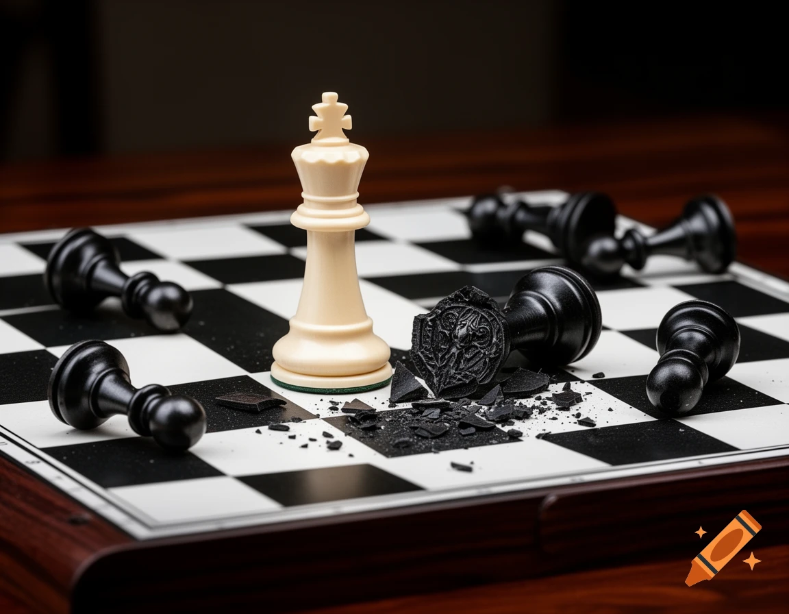A white king stands victorious on a chessboard, surrounded by a shattered black king and fallen black pawns, in a photorealistic style.