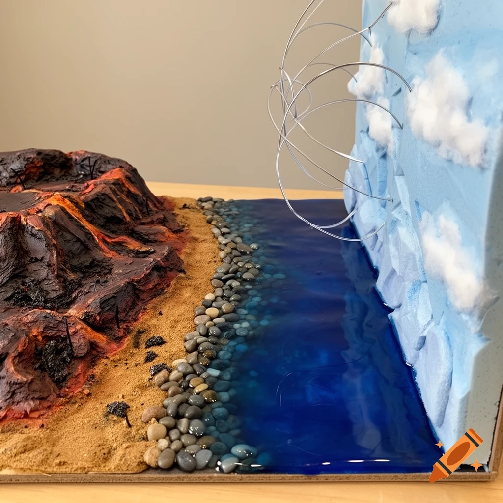 Detailed diorama: volcanic mountain, rocky beach, deep blue water, and a light blue ice wall with cotton clouds and silver wires.