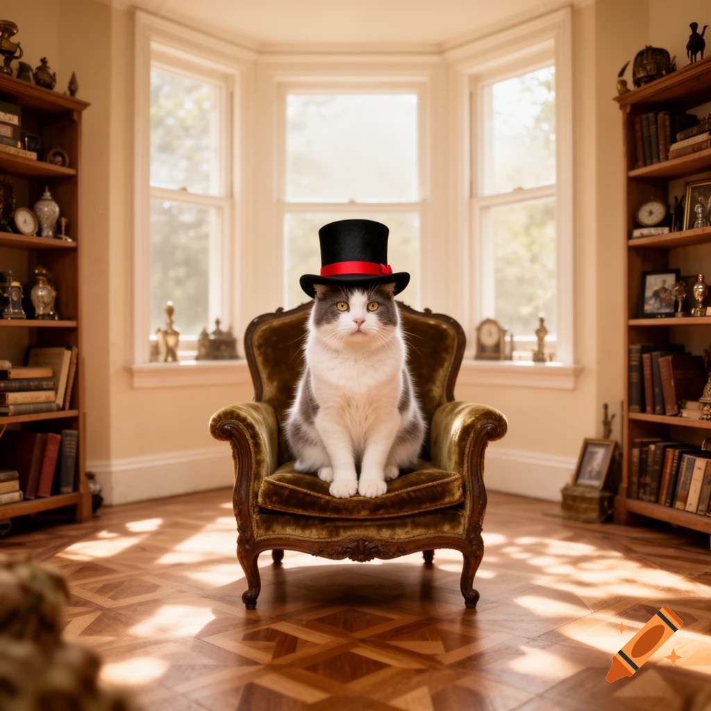 A fluffy gray and white cat in a top hat sits on a velvet armchair in a sunlit room with bookshelves.
