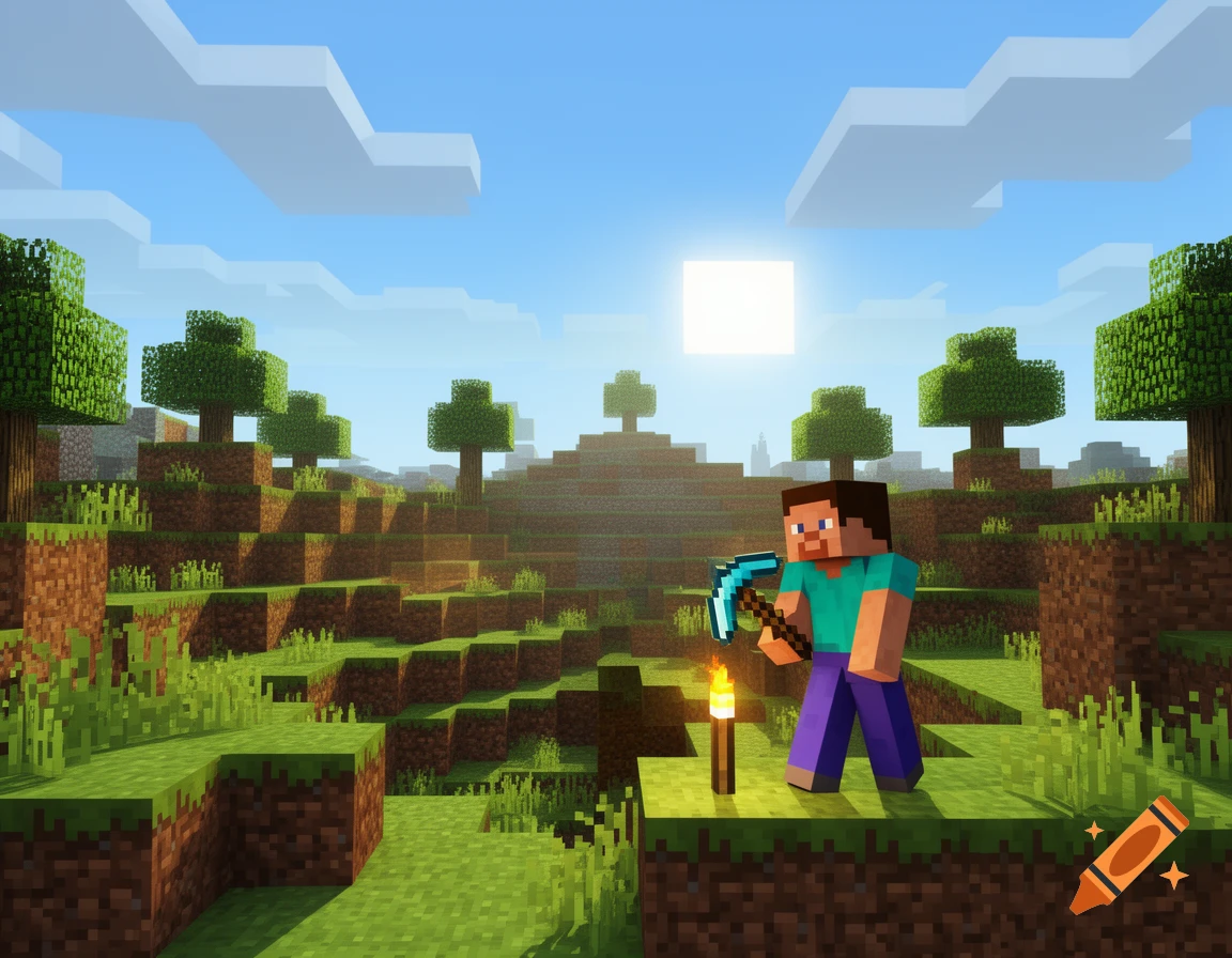 Steve from Minecraft holding a pickaxe and torch in a blocky landscape under a sunny sky.