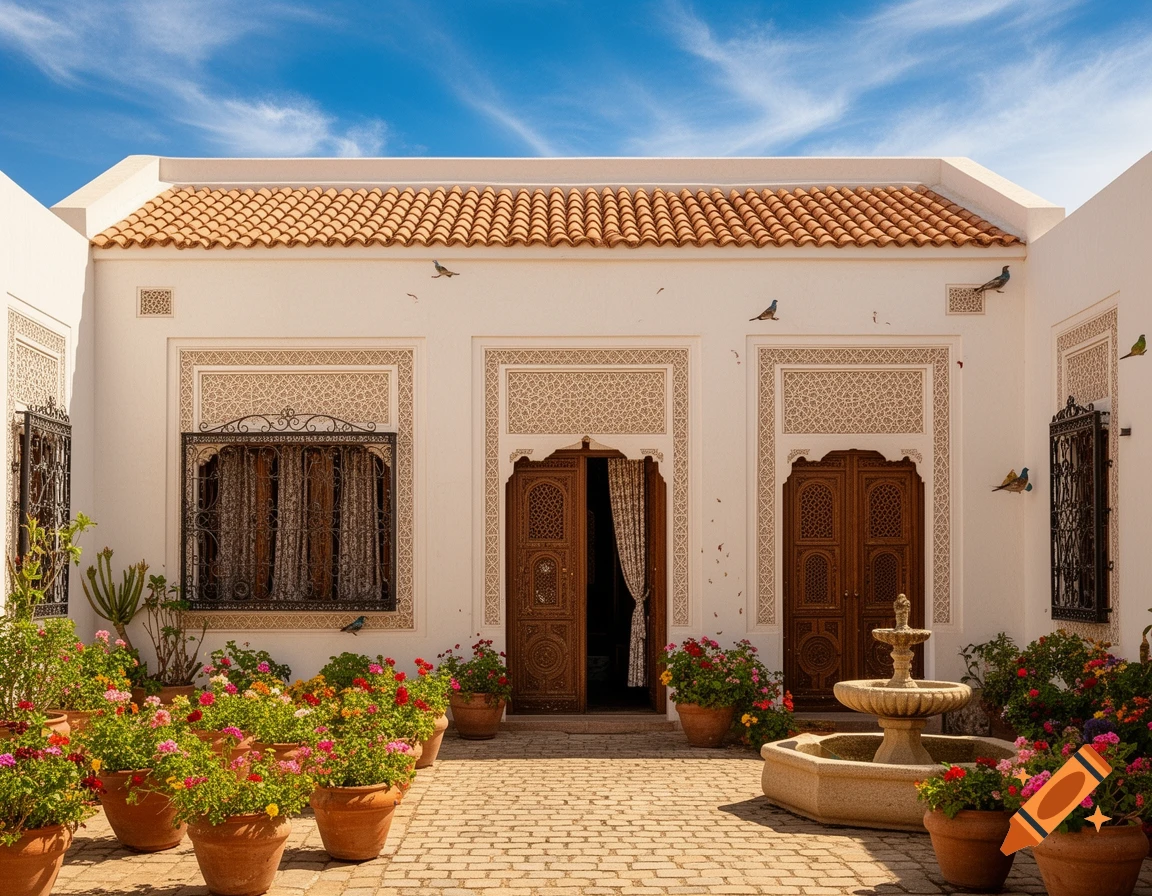 A beautiful open-air courtyard of a white Arab house with intricate wall patterns, a terracotta roof, numerous potted flowers, a stone fountain, and birds on the walls.