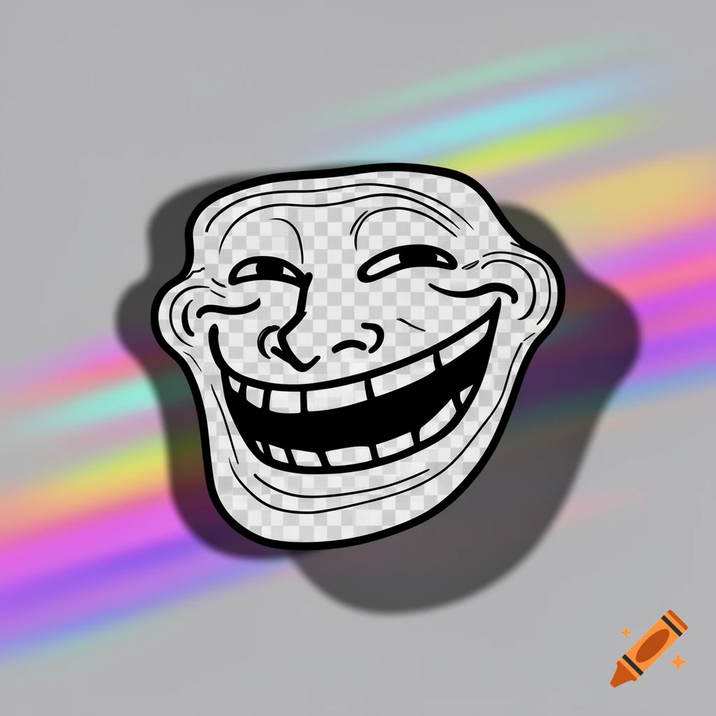 A grinning black and white Troll Face meme illustration with a transparent checkerboard pattern and rainbow light reflections, casting a shadow.