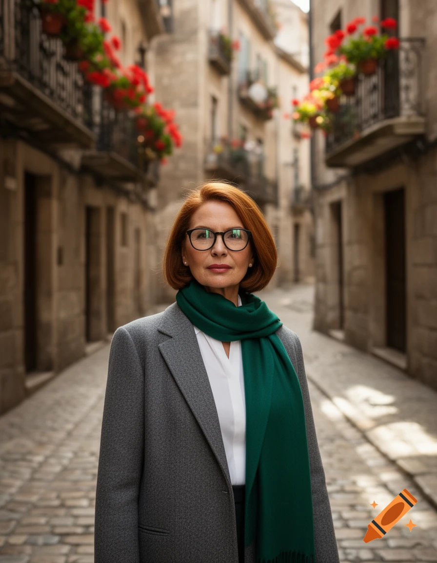 A woman with red hair and glasses wearing a gray blazer and green scarf stands in a narrow cobblestone street lined with old buildings adorned with red flowers.