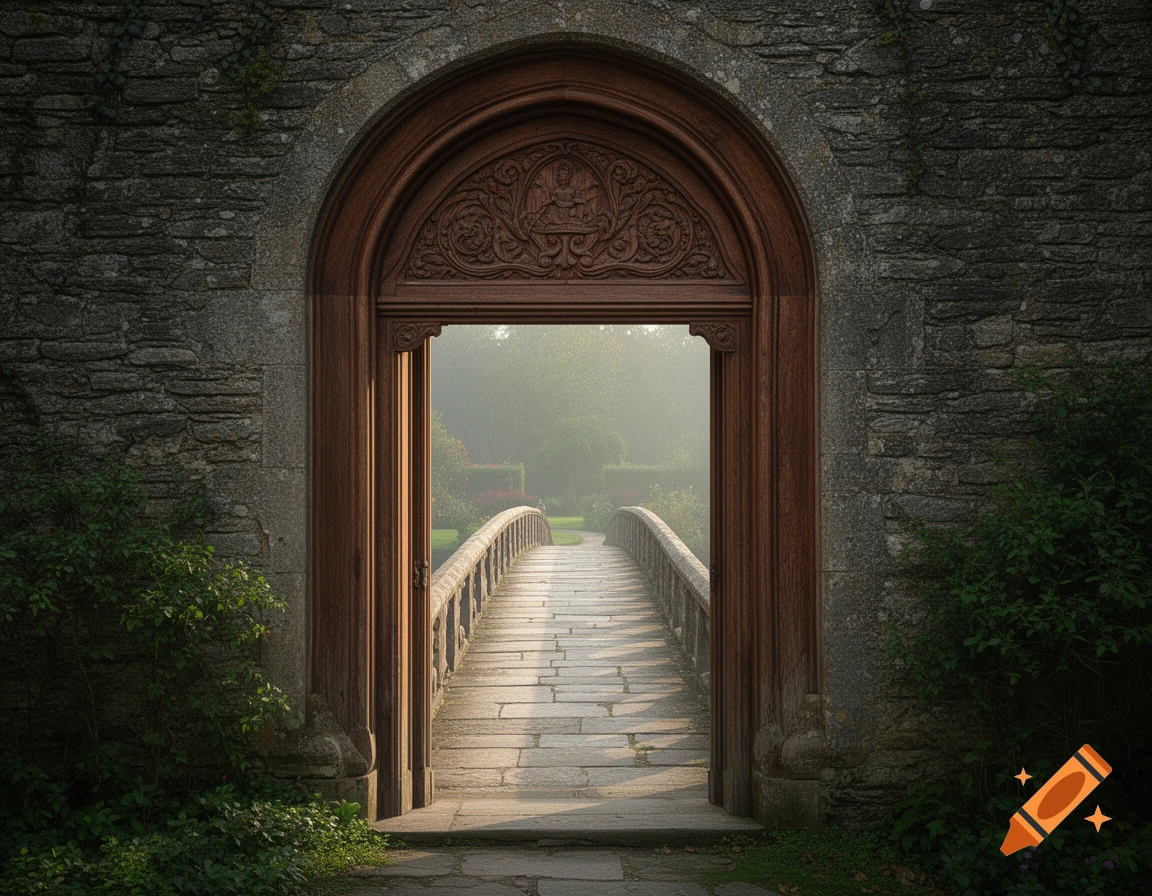 A grand wooden archway set in a stone wall, opening to a misty garden with a curving stone bridge.