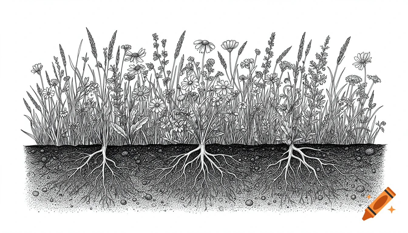 Detailed black ink botanical illustration of a diverse meadow with wildflowers, grasses, and their complex root systems in a soil cross-section.