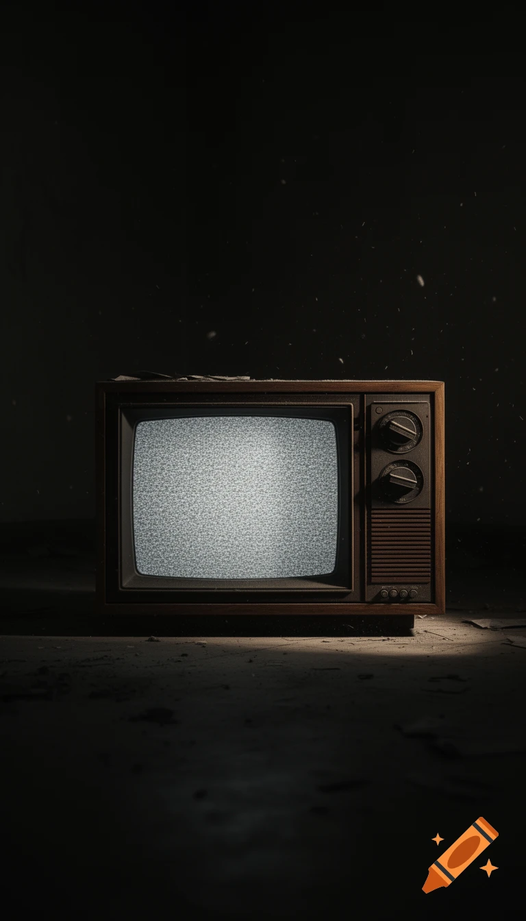 A cinematic shot of a vintage television with a static screen, glowing in a dark, dusty room.