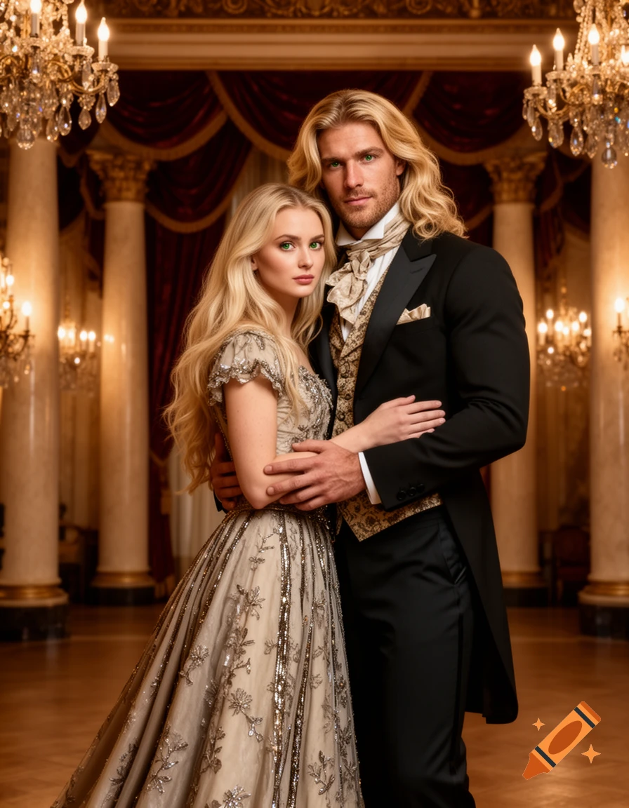 A photorealistic portrait of a blonde couple in elaborate historical attire, standing in an opulent ballroom.